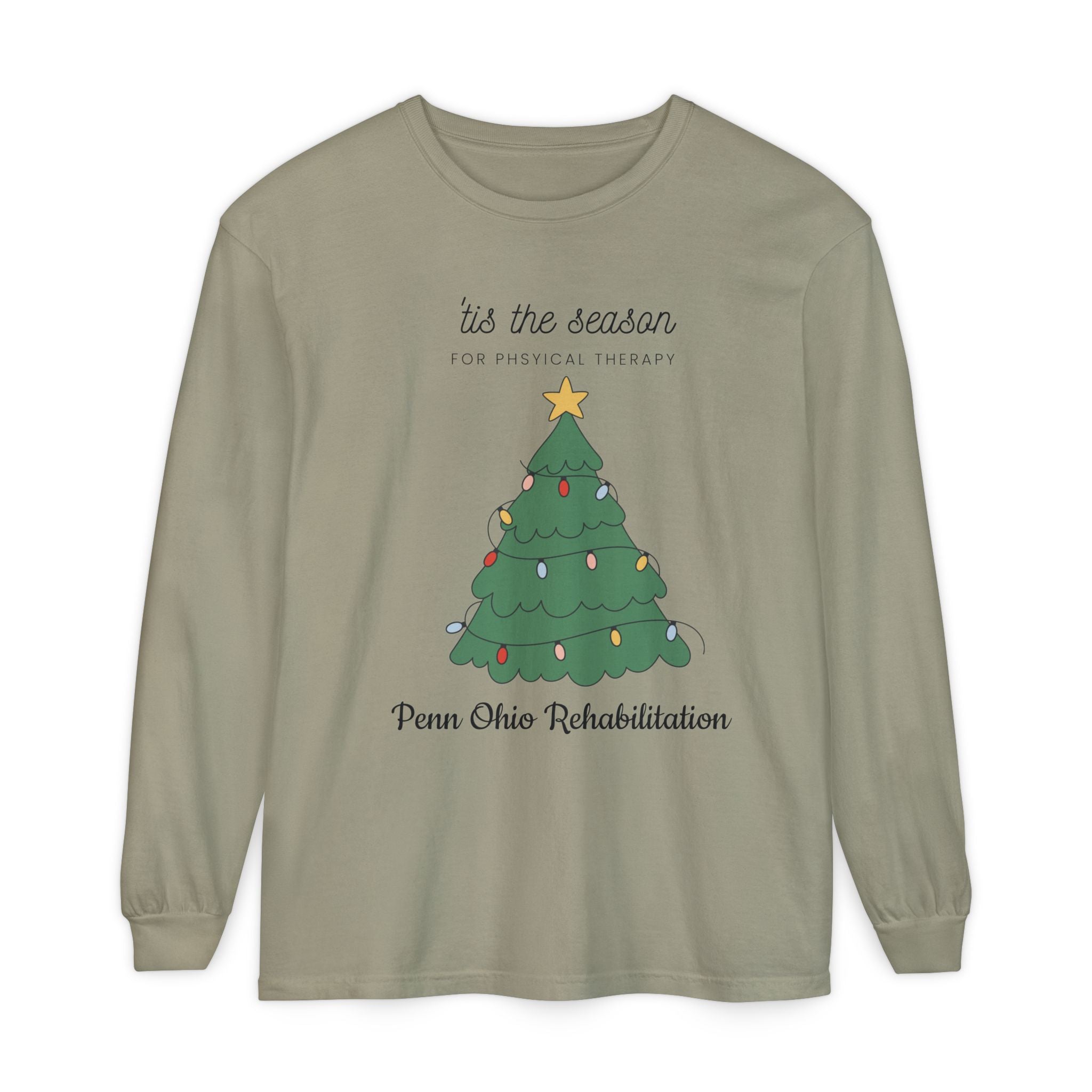 Holiday Tree Long Sleeve Tee — "’tis the season for physical therapy" (Penn Ohio Rehabilitation)