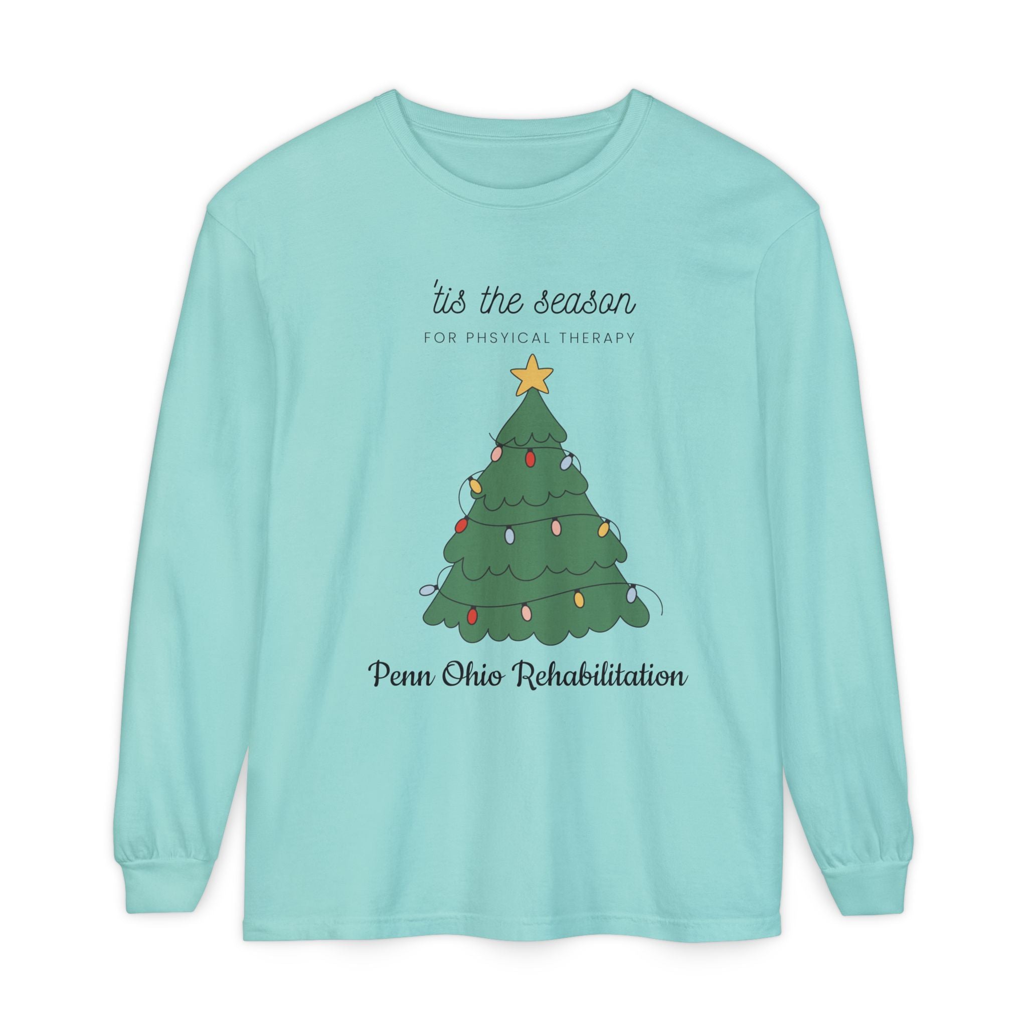 Holiday Tree Long Sleeve Tee — "’tis the season for physical therapy" (Penn Ohio Rehabilitation)