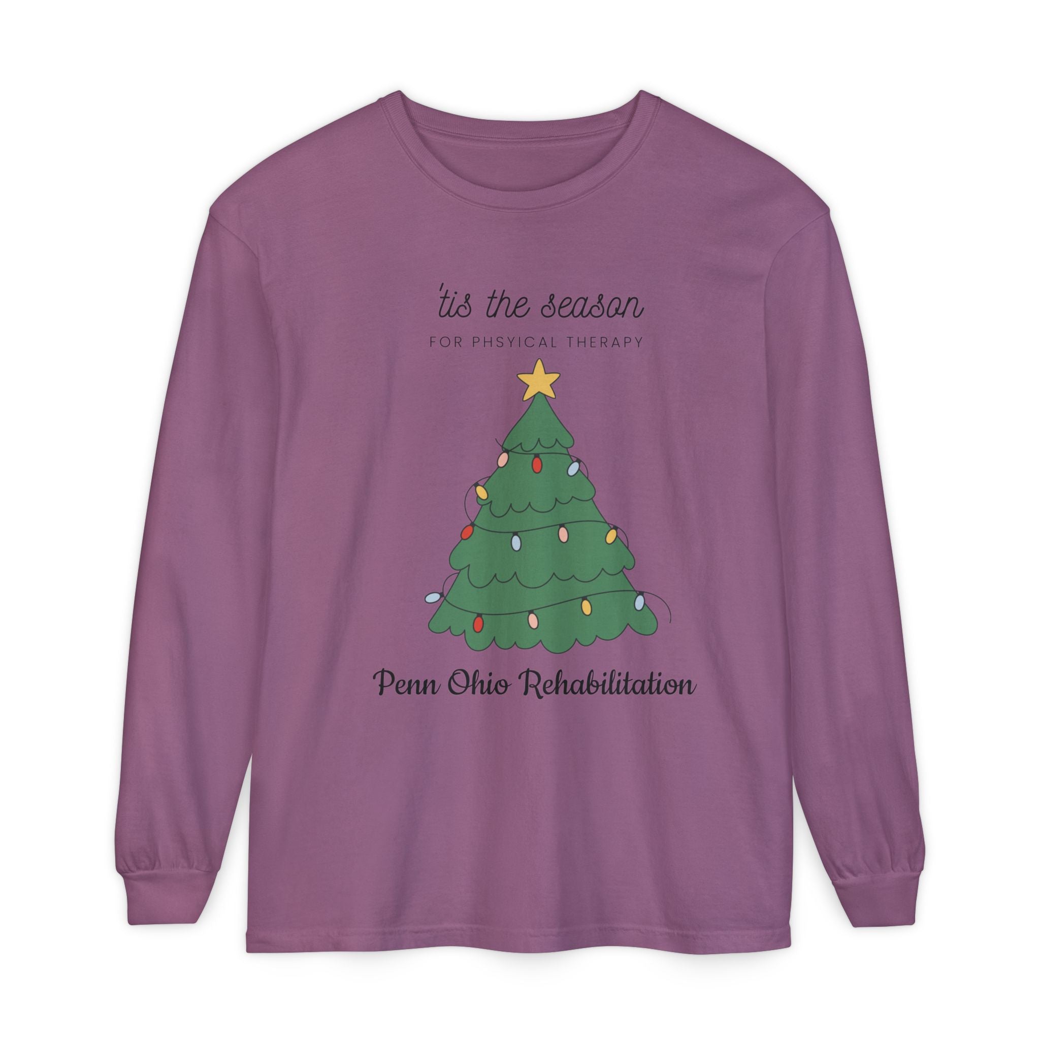 Holiday Tree Long Sleeve Tee — "’tis the season for physical therapy" (Penn Ohio Rehabilitation)