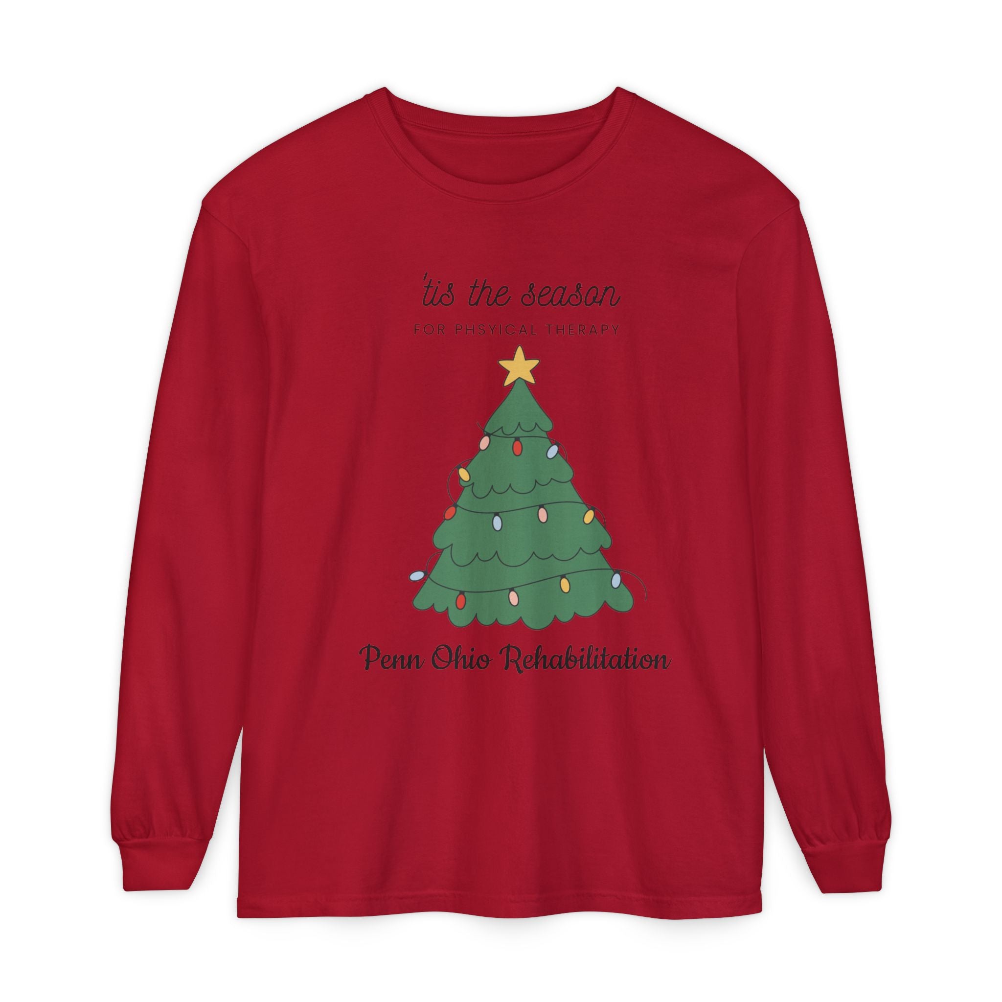 Holiday Tree Long Sleeve Tee — "’tis the season for physical therapy" (Penn Ohio Rehabilitation)