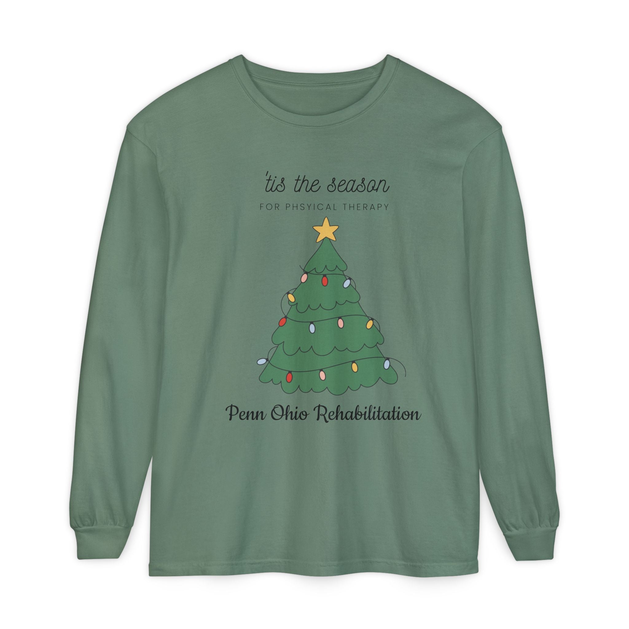 Holiday Tree Long Sleeve Tee — "’tis the season for physical therapy" (Penn Ohio Rehabilitation)