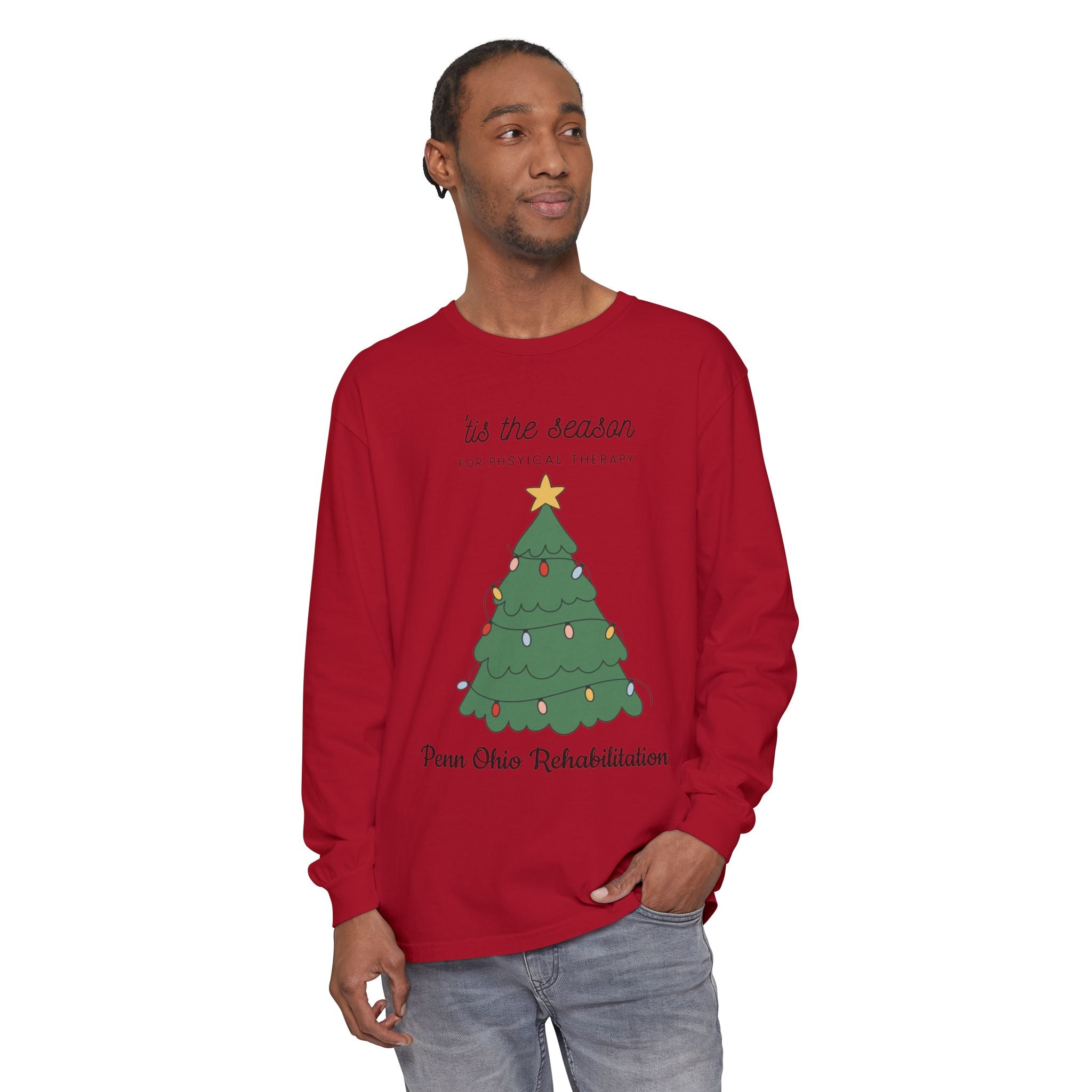 Holiday Tree Long Sleeve Tee — "’tis the season for physical therapy" (Penn Ohio Rehabilitation)